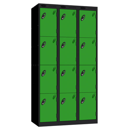 Probe Perforated Metric Locker — 4 Door, Sloping Top, Triple Width — Black carcass with Green door