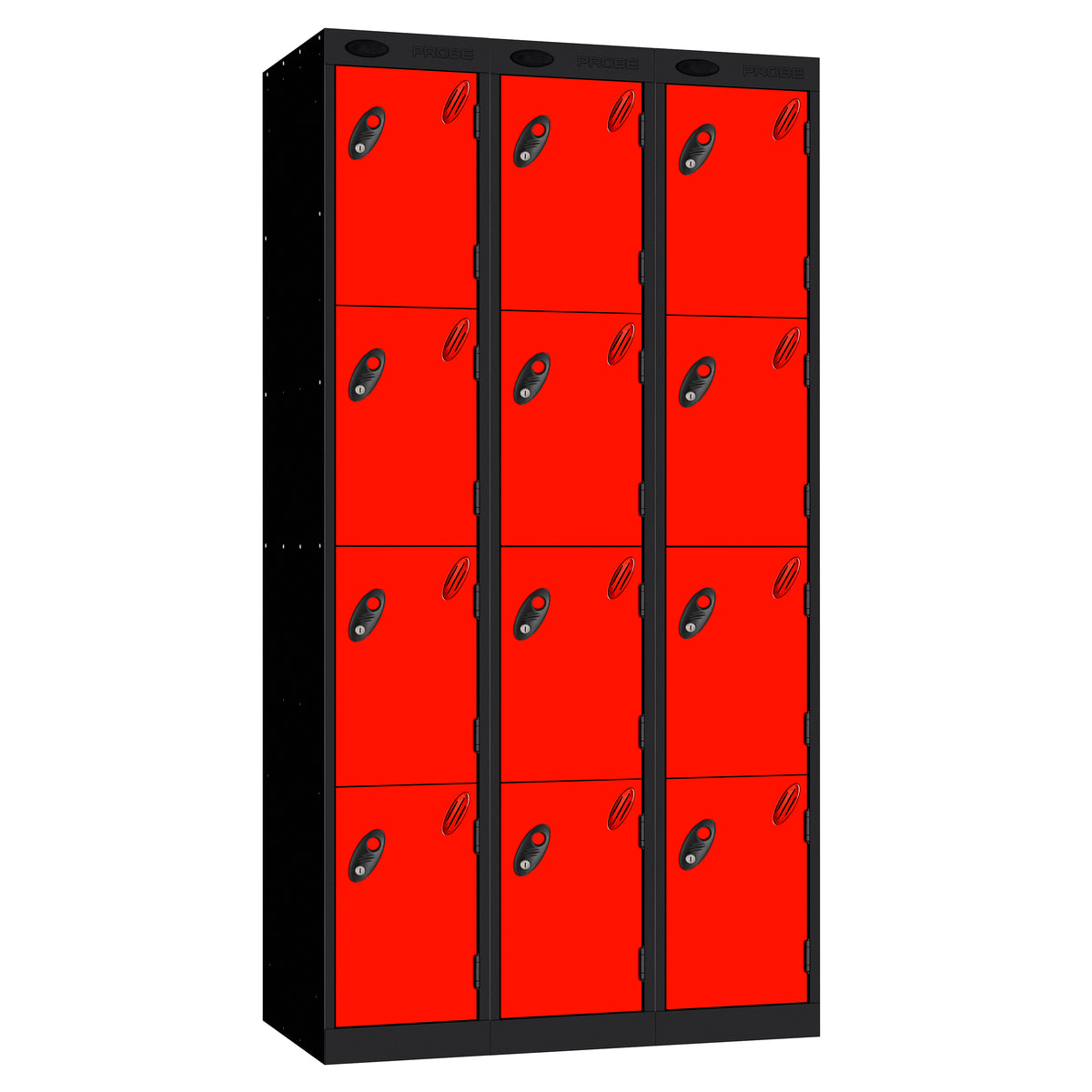 Probe Perforated Metric Locker — 4 Door, Sloping Top, Triple Width — Black carcass with Red door