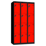 Probe Perforated Metric Locker — 4 Door, Sloping Top, Triple Width — Black carcass with Red door