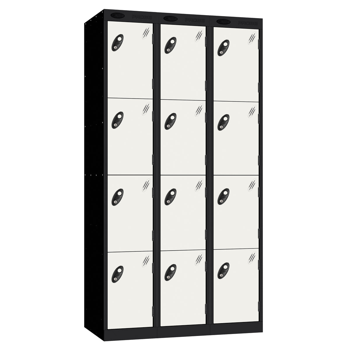Probe Perforated Metric Locker — 4 Door, Sloping Top, Triple Width — Black carcass with White door