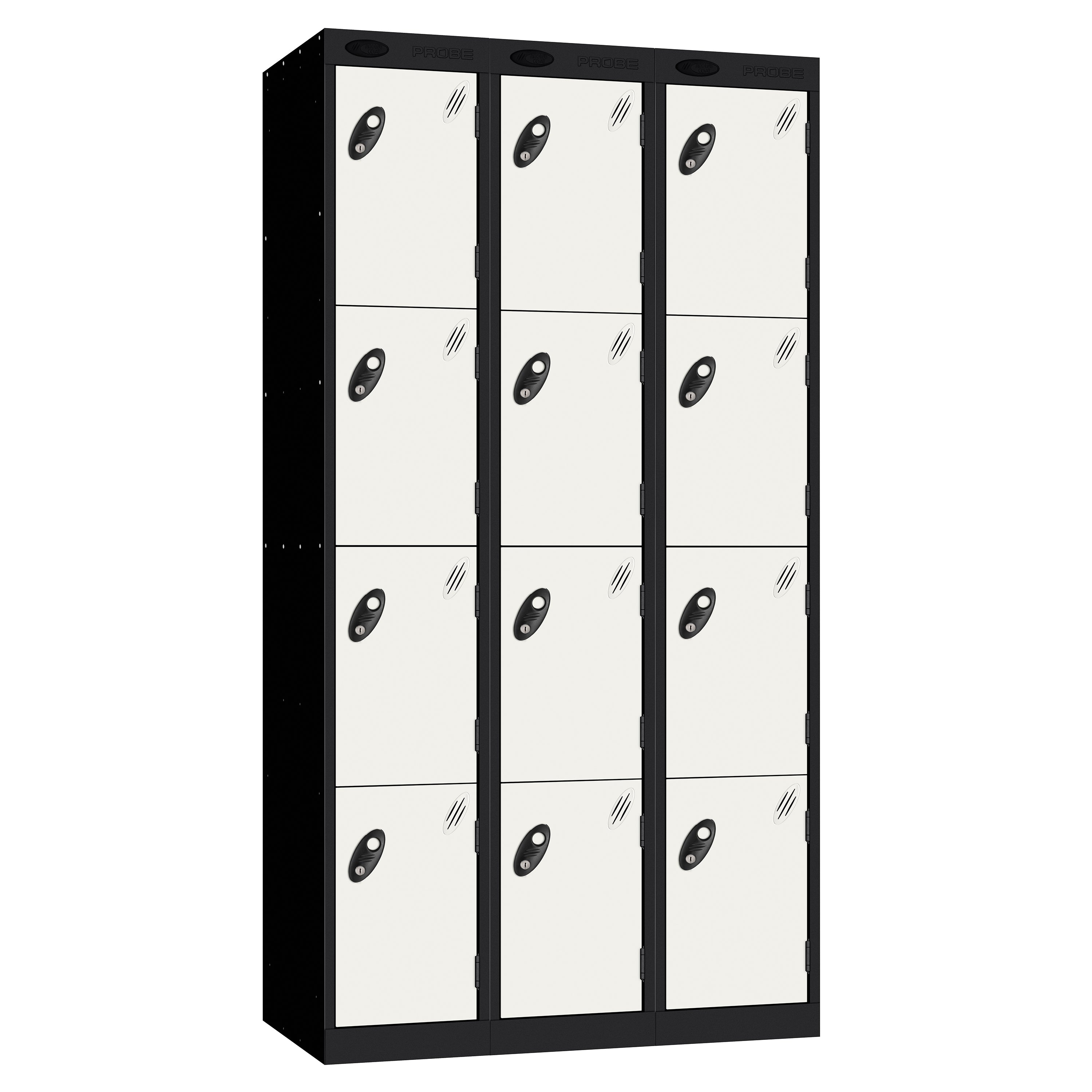 Probe Perforated Metric Locker — 4 Door, Sloping Top, Triple Width — Black carcass with White door
