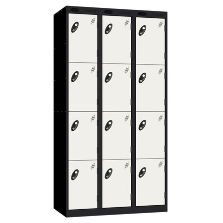 Probe Perforated Metric Locker — 4 Door, Sloping Top, Triple Width — Black carcass with White door