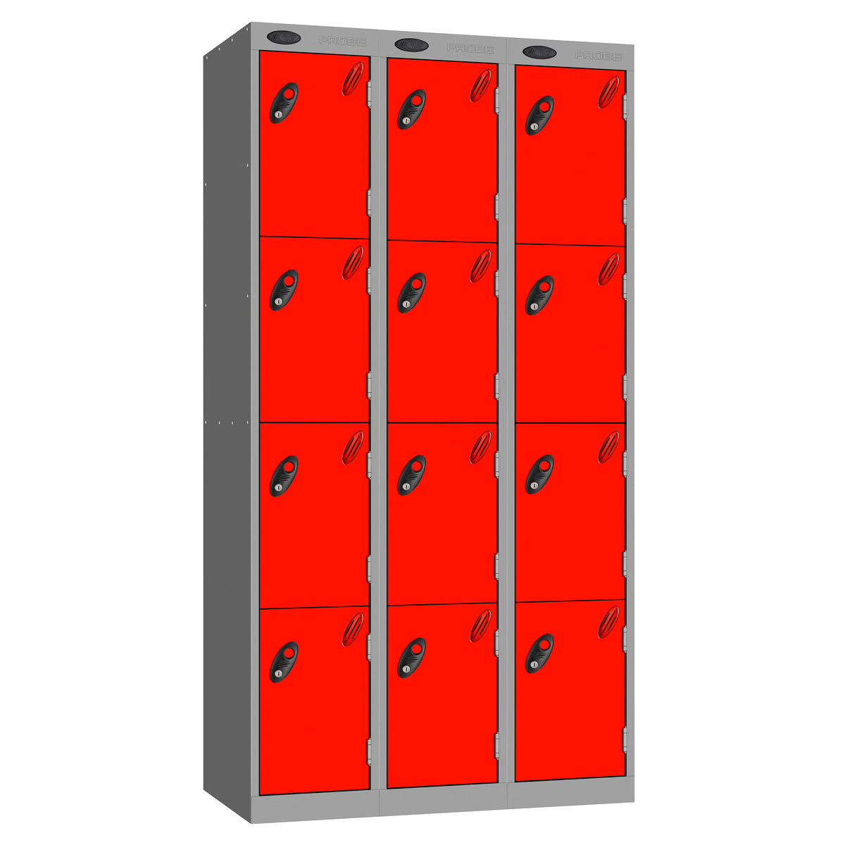 Probe Perforated Metric Locker — 4 Door, Sloping Top, Triple Width — Silver carcass with Red door