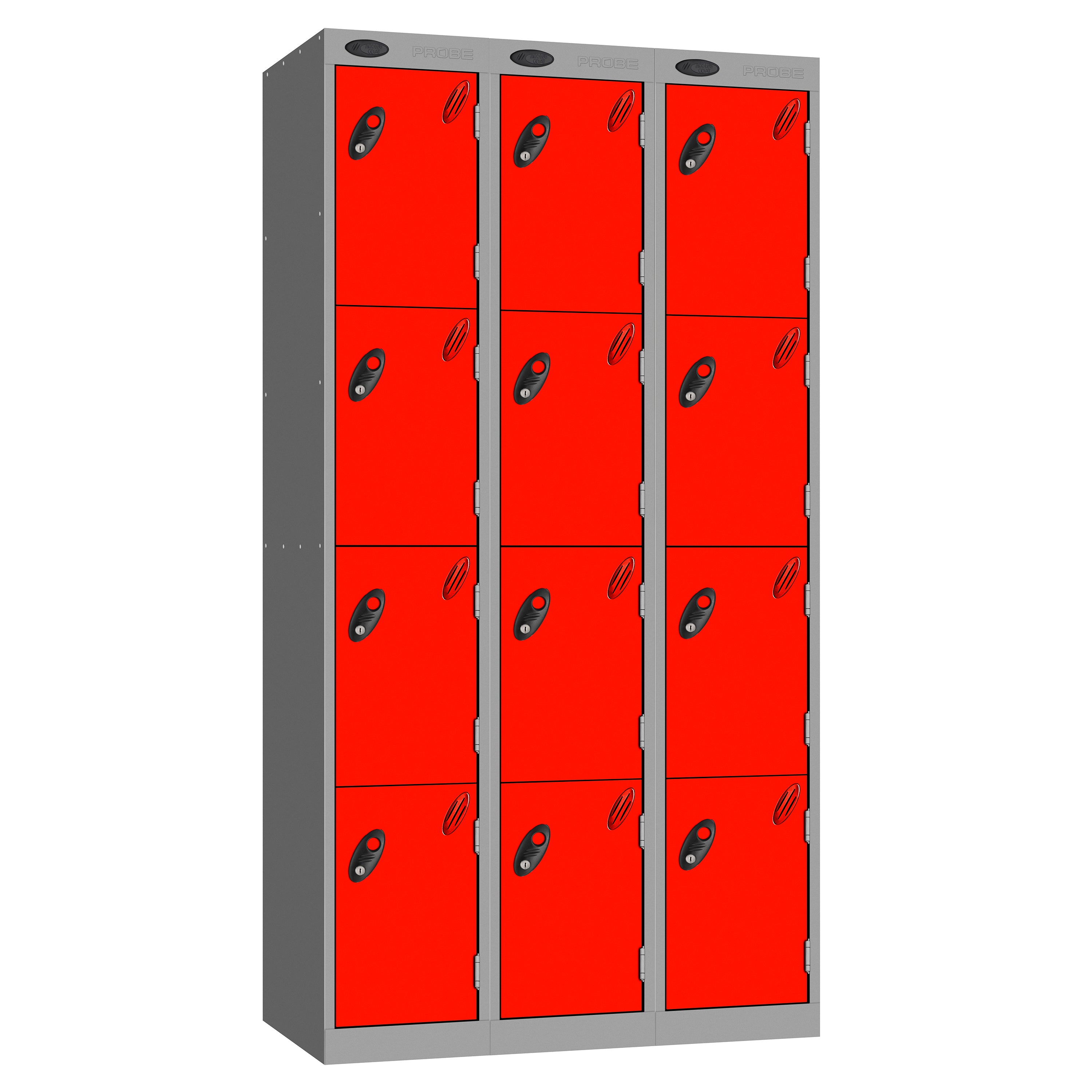 Probe Perforated Metric Locker — 4 Door, Sloping Top, Triple Width — Silver carcass with Red door