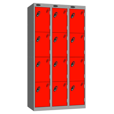 Probe Perforated Metric Locker — 4 Door, Sloping Top, Triple Width — Silver carcass with Red door