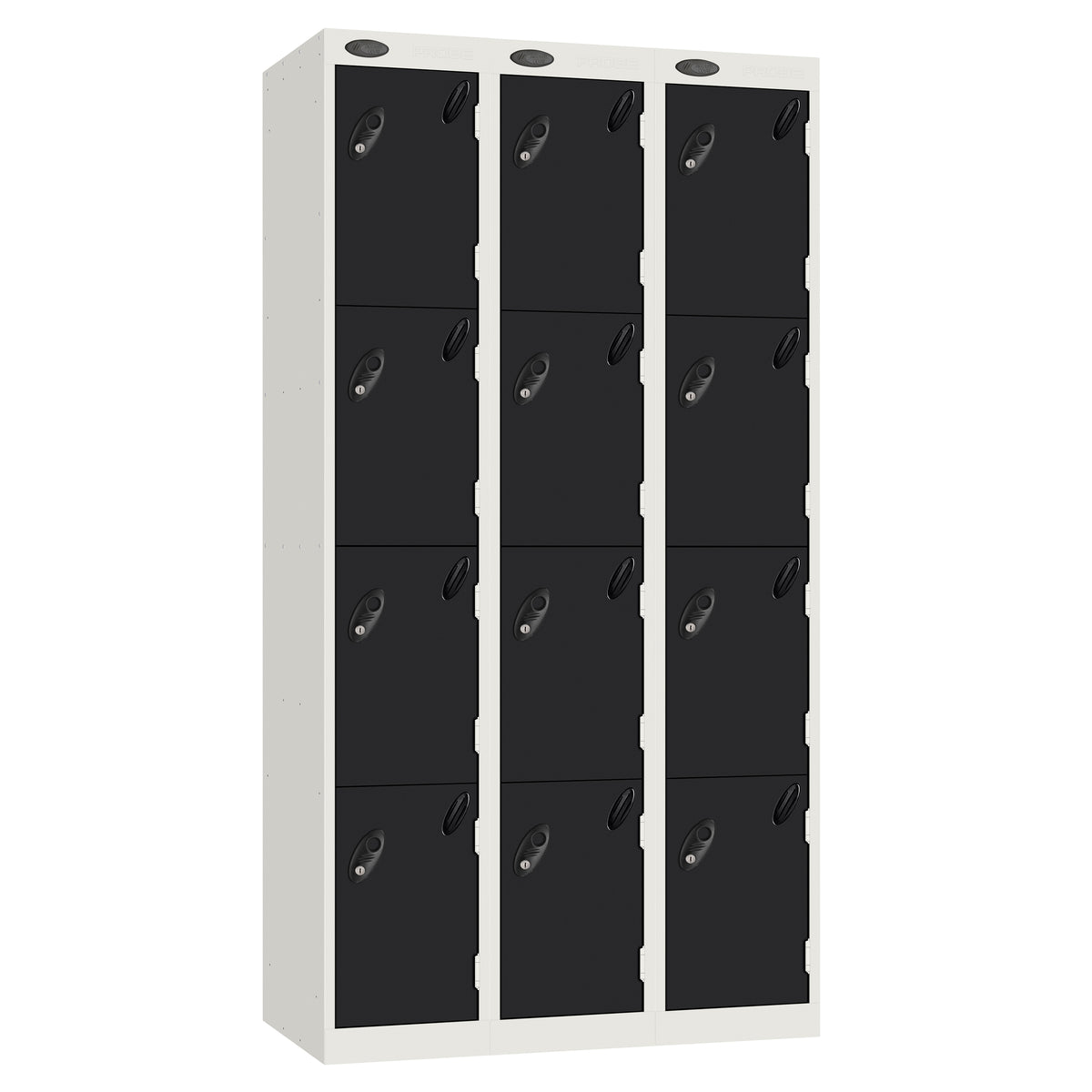 Probe Perforated Metric Locker — 4 Door, Sloping Top, Triple Width — White carcass with Black door