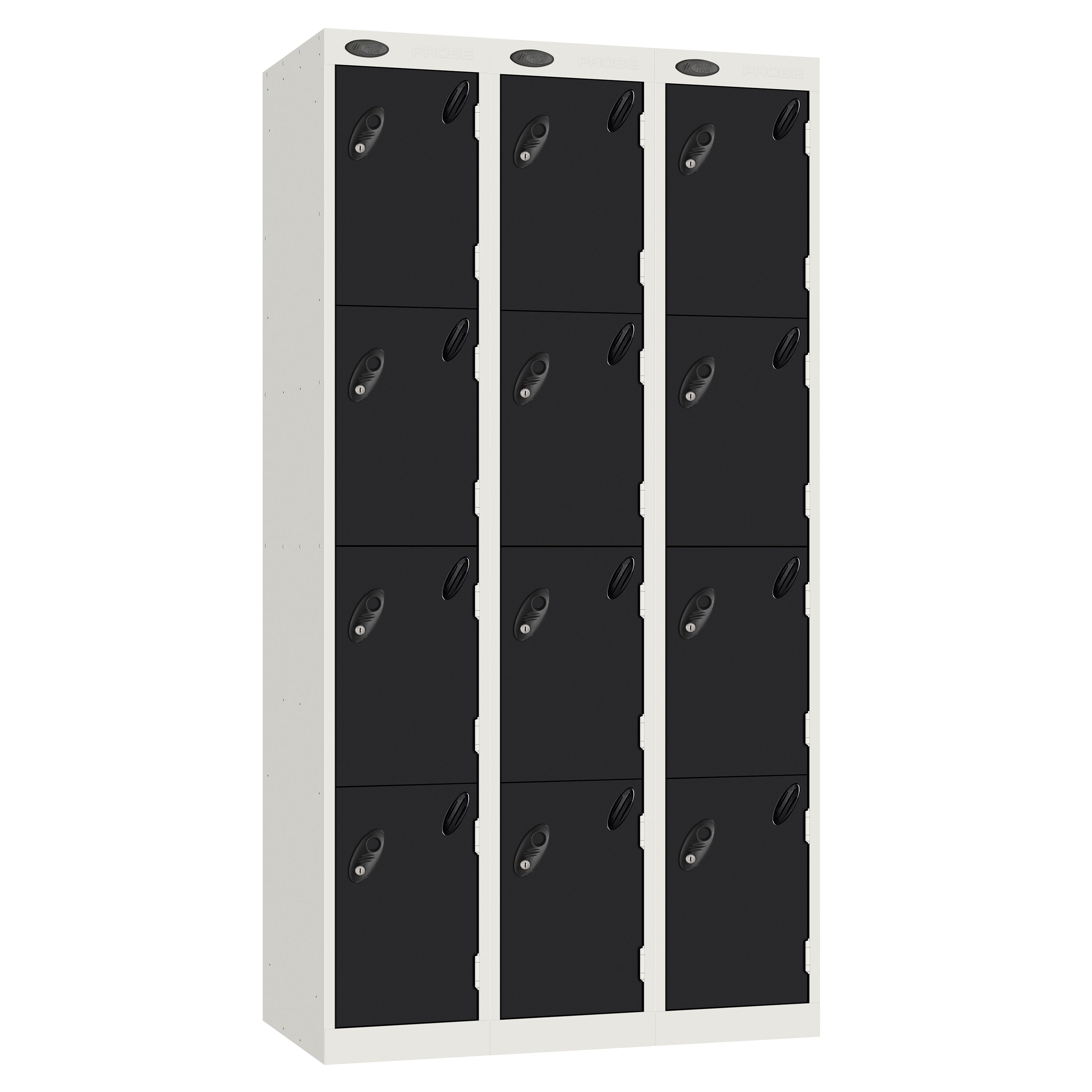 Probe Perforated Metric Locker — 4 Door, Sloping Top, Triple Width — White carcass with Black door