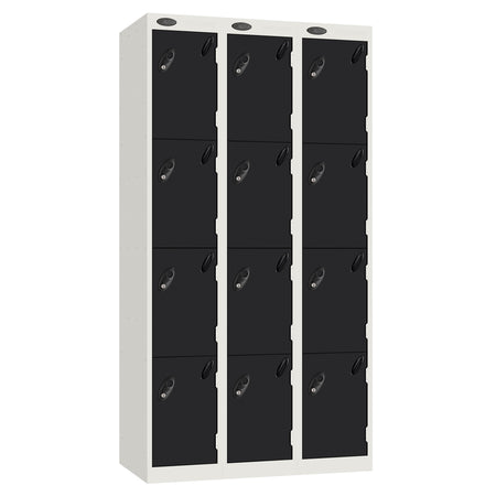 Probe Perforated Metric Locker — 4 Door, Sloping Top, Triple Width — White carcass with Black door