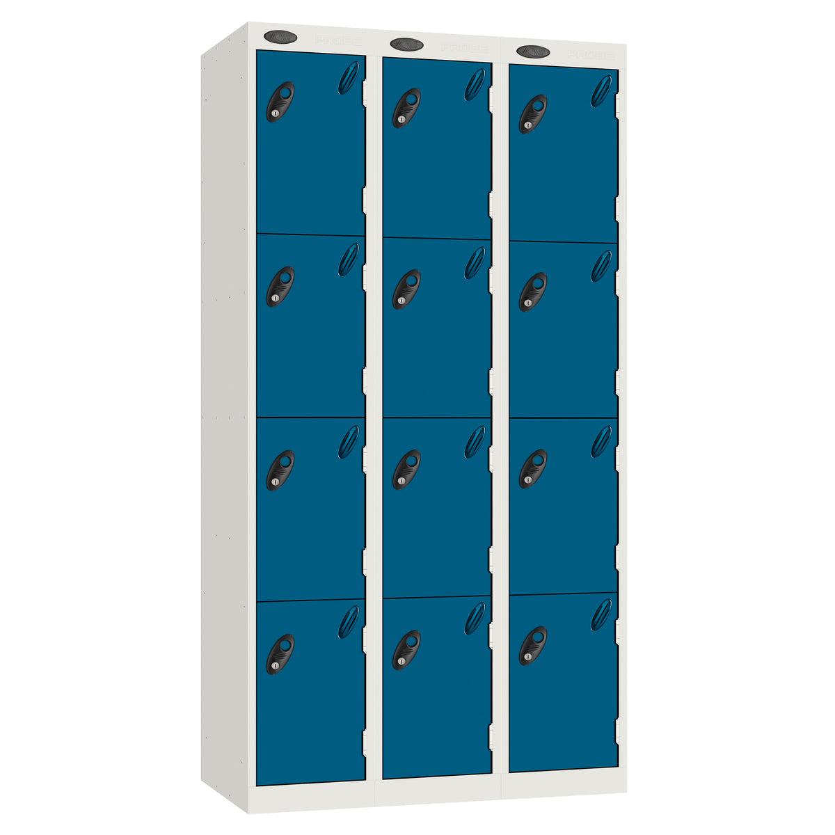 Probe Perforated Metric Locker — 4 Door, Sloping Top, Triple Width — White carcass with Blue door