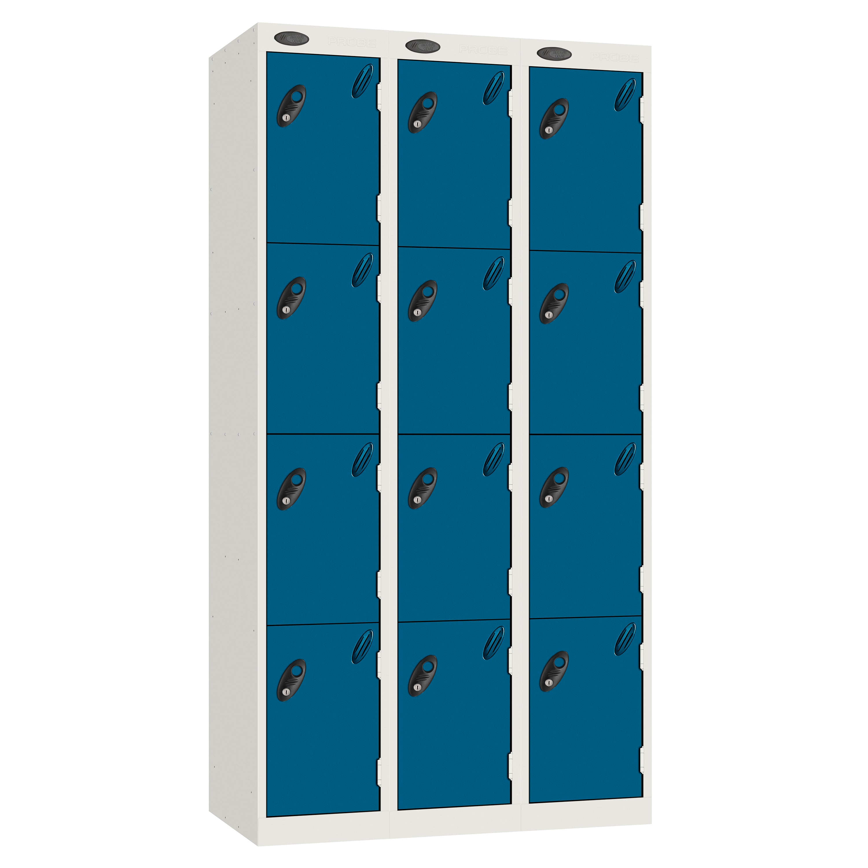Probe Perforated Metric Locker — 4 Door, Sloping Top, Triple Width — White carcass with Blue door
