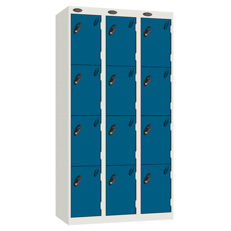 Probe Perforated Metric Locker — 4 Door, Sloping Top, Triple Width — White carcass with Blue door