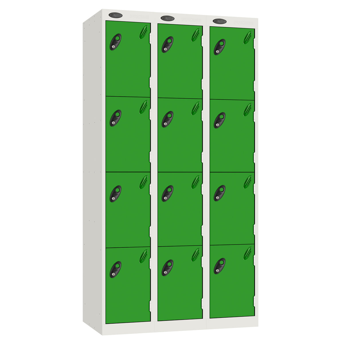 Probe Perforated Metric Locker — 4 Door, Sloping Top, Triple Width — White carcass with Green door