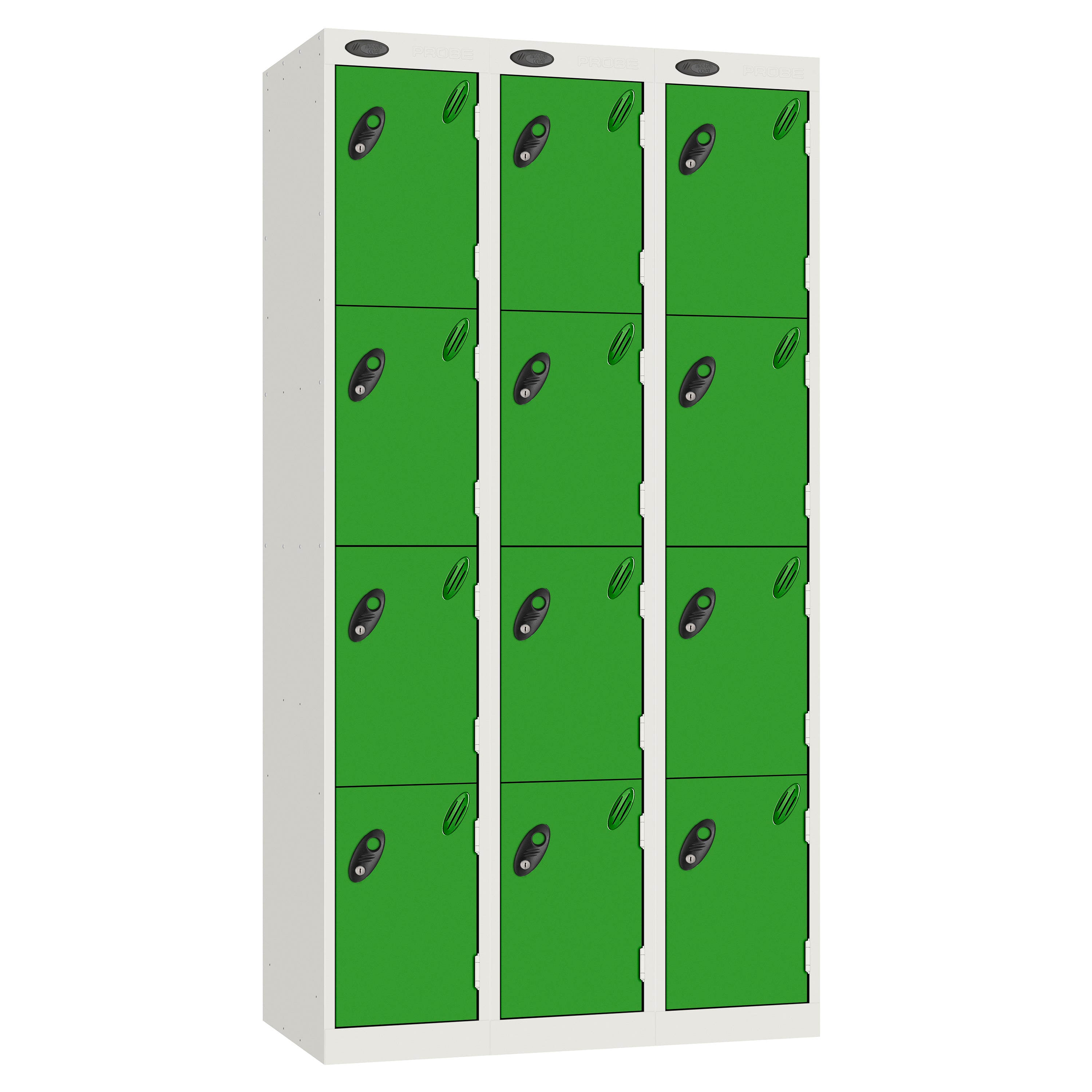 Probe Perforated Metric Locker — 4 Door, Sloping Top, Triple Width — White carcass with Green door