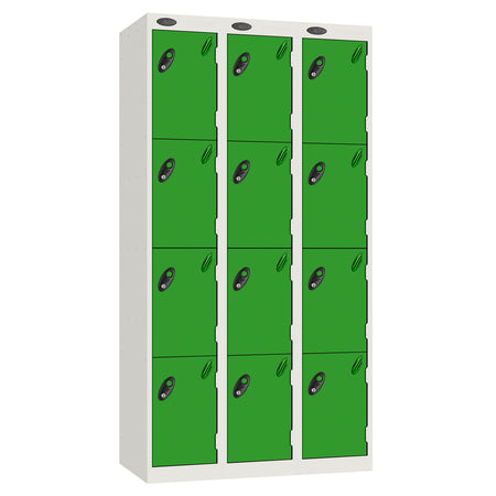 Probe Perforated Metric Locker — 4 Door, Sloping Top, Triple Width — White carcass with Green door