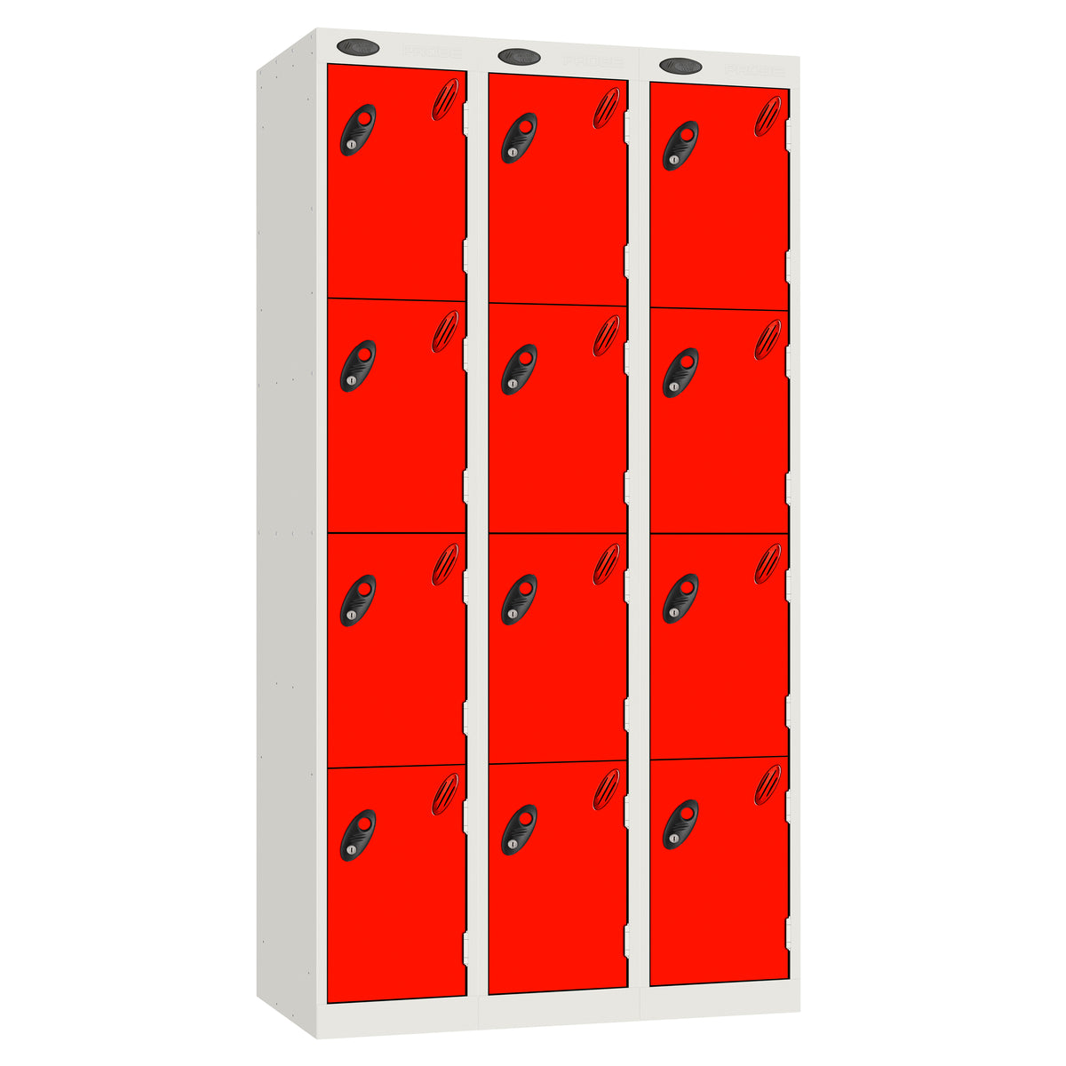 Probe Perforated Metric Locker — 4 Door, Sloping Top, Triple Width — White carcass with Red door