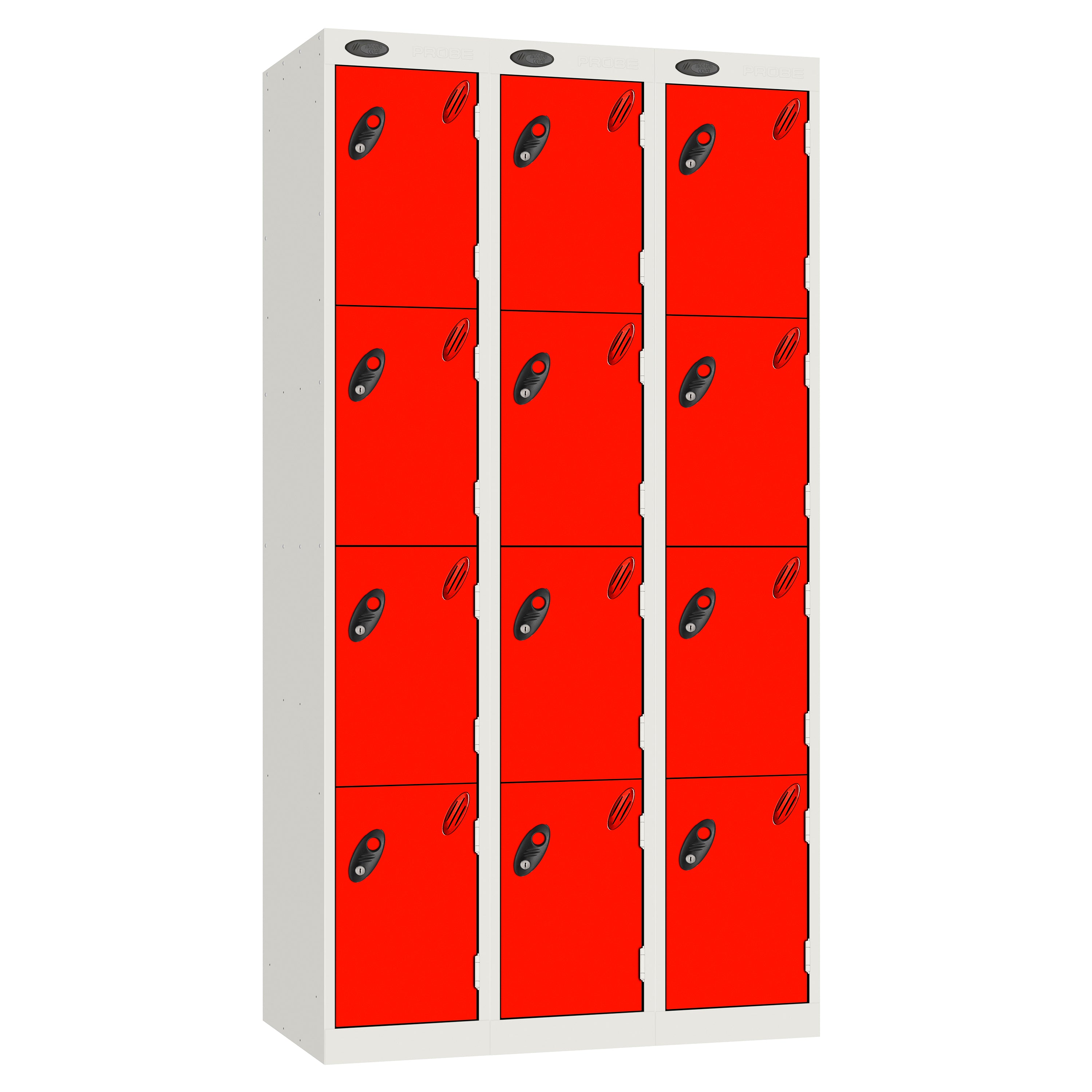 Probe Perforated Metric Locker — 4 Door, Sloping Top, Triple Width — White carcass with Red door