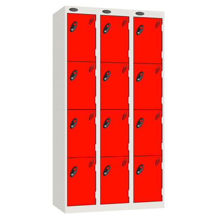 Probe Perforated Metric Locker — 4 Door, Sloping Top, Triple Width — White carcass with Red door
