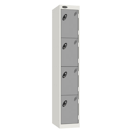 Probe Perforated Metric Locker — 4 Door, Sloping Top, Triple Width — White carcass with Silver door