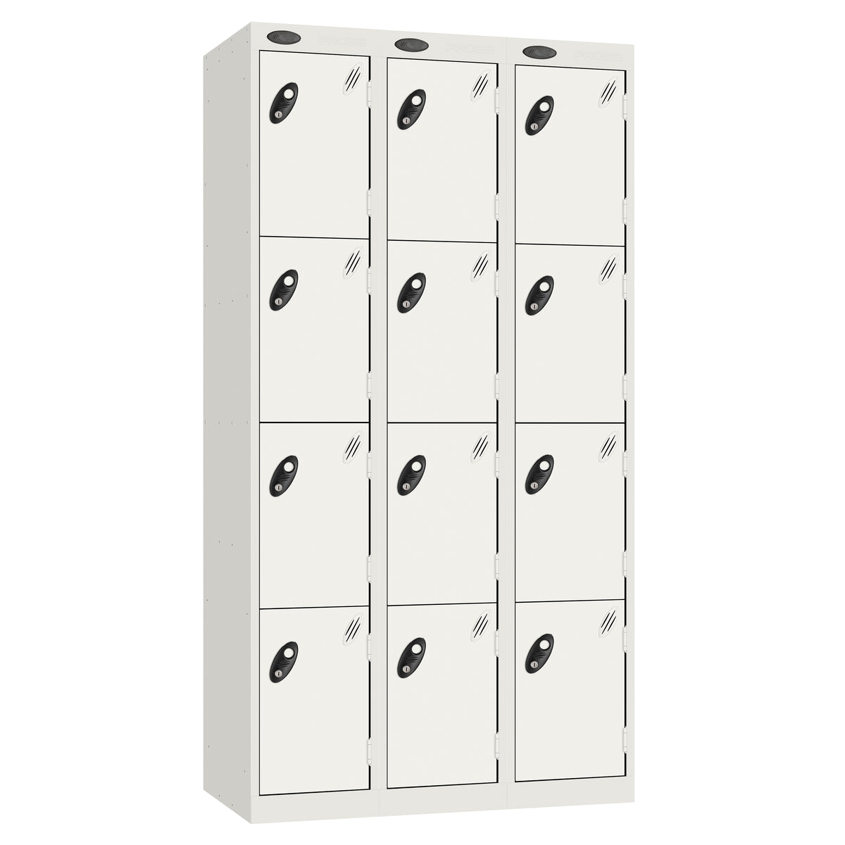Probe Perforated Metric Locker — 4 Door, Sloping Top, Triple Width — White carcass with White door