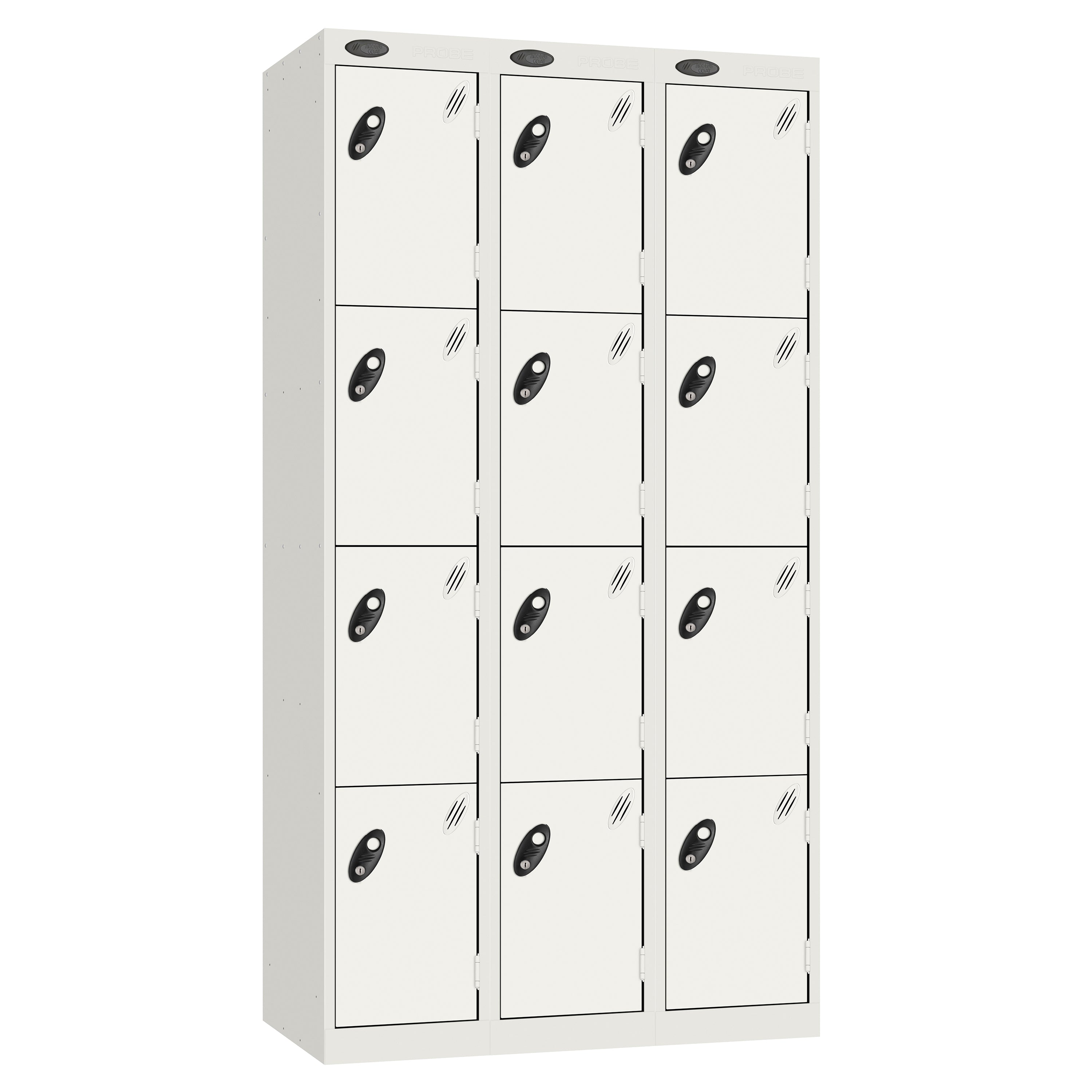Probe Perforated Metric Locker — 4 Door, Sloping Top, Triple Width — White carcass with White door