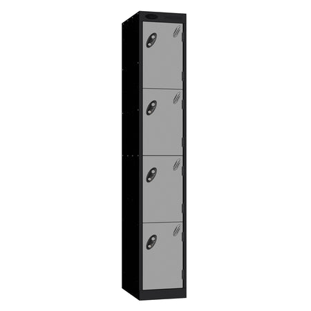 Probe Perforated Metric Locker — 4 Door, Sloping Top, Triple Width — Black carcass with Silver door