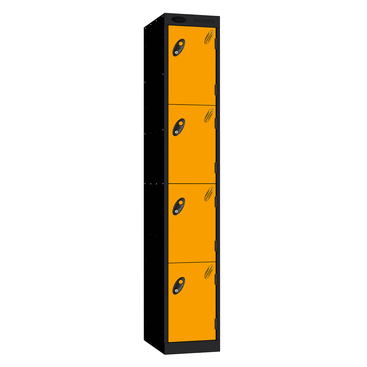 Probe Perforated Metric Locker — 4 Door, Sloping Top, Triple Width — Black carcass with Yellow door