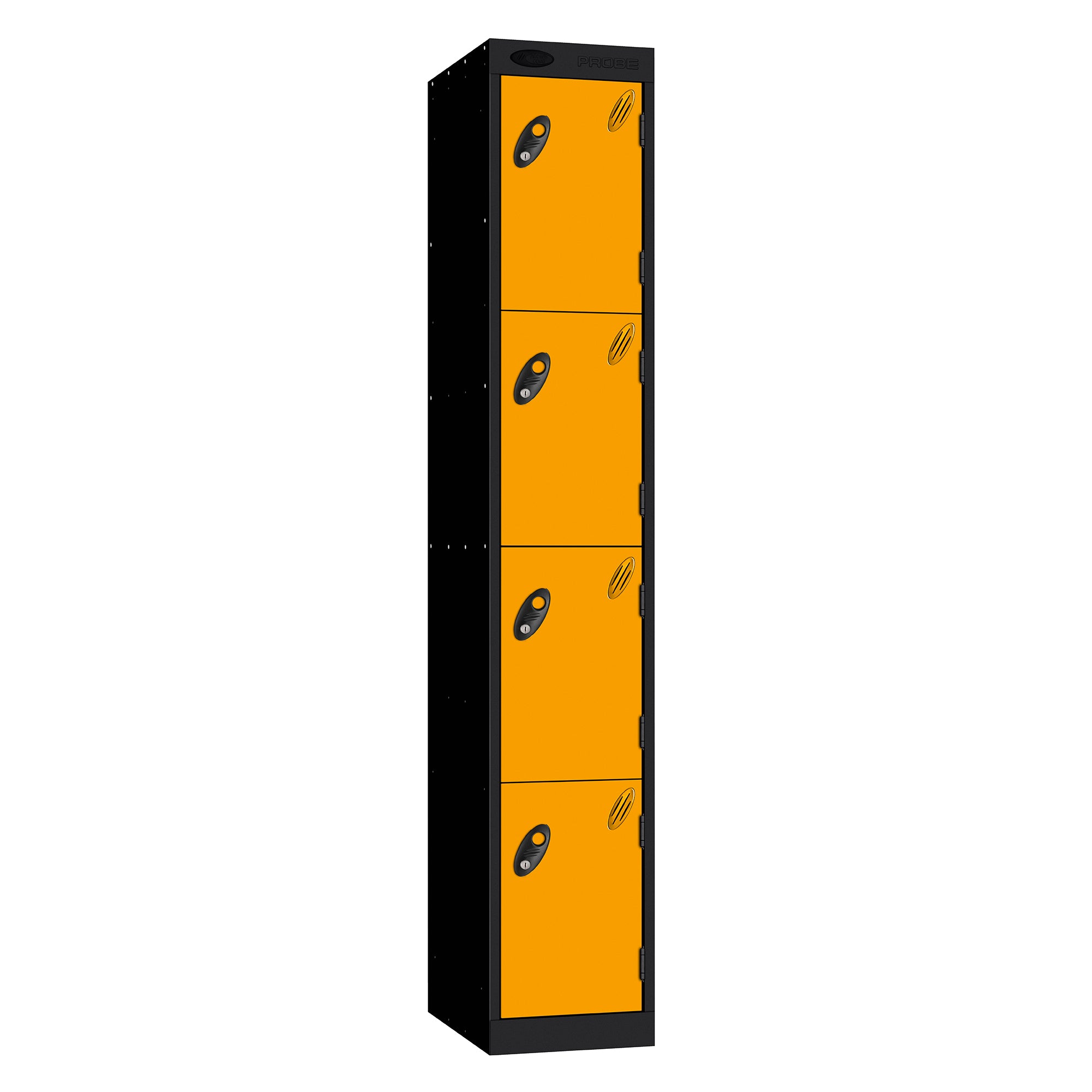 Probe Perforated Metric Locker — 4 Door, Sloping Top, Triple Width — Black carcass with Yellow door