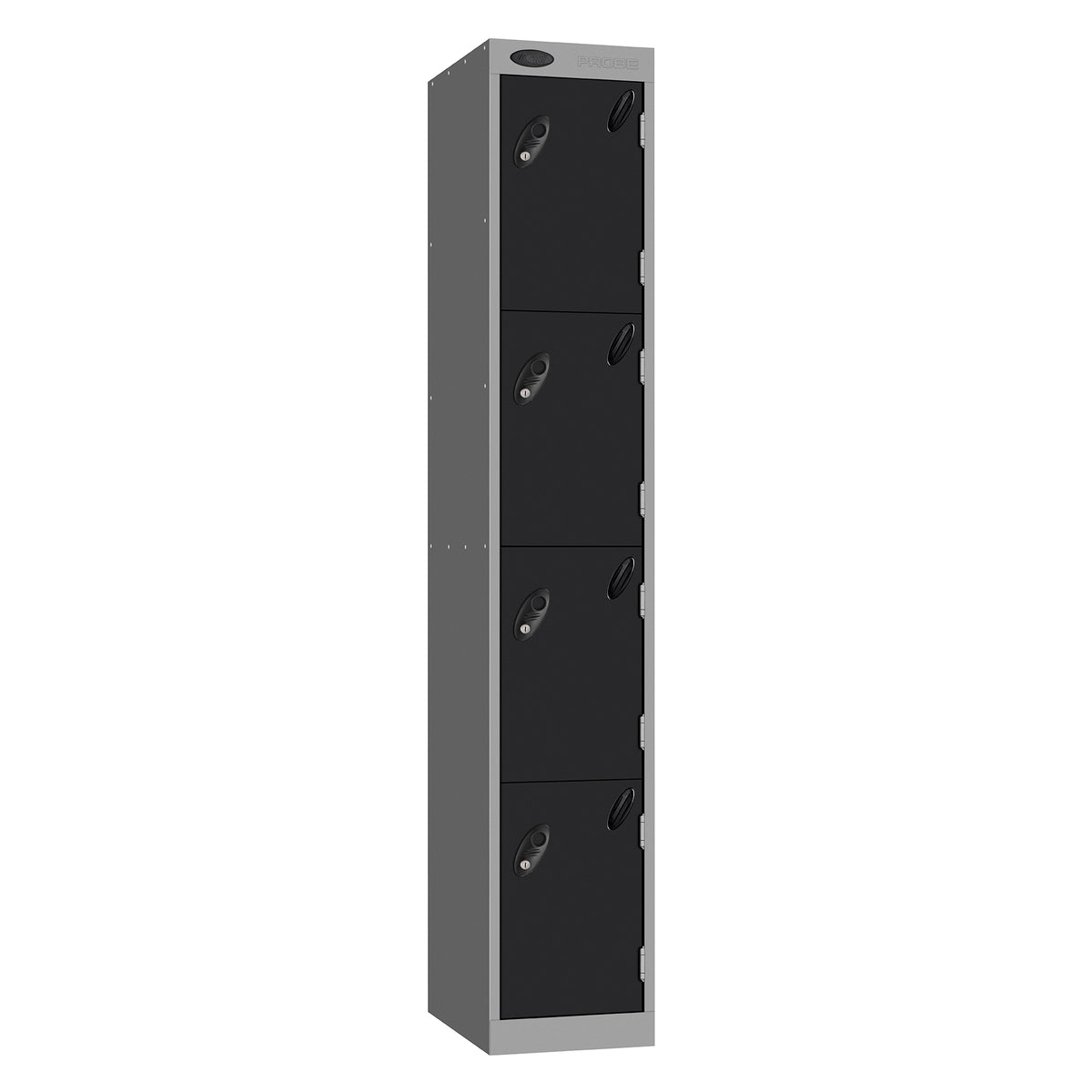 Probe Perforated Metric Locker — 4 Door, Sloping Top, Triple Width — Silver carcass with Black door
