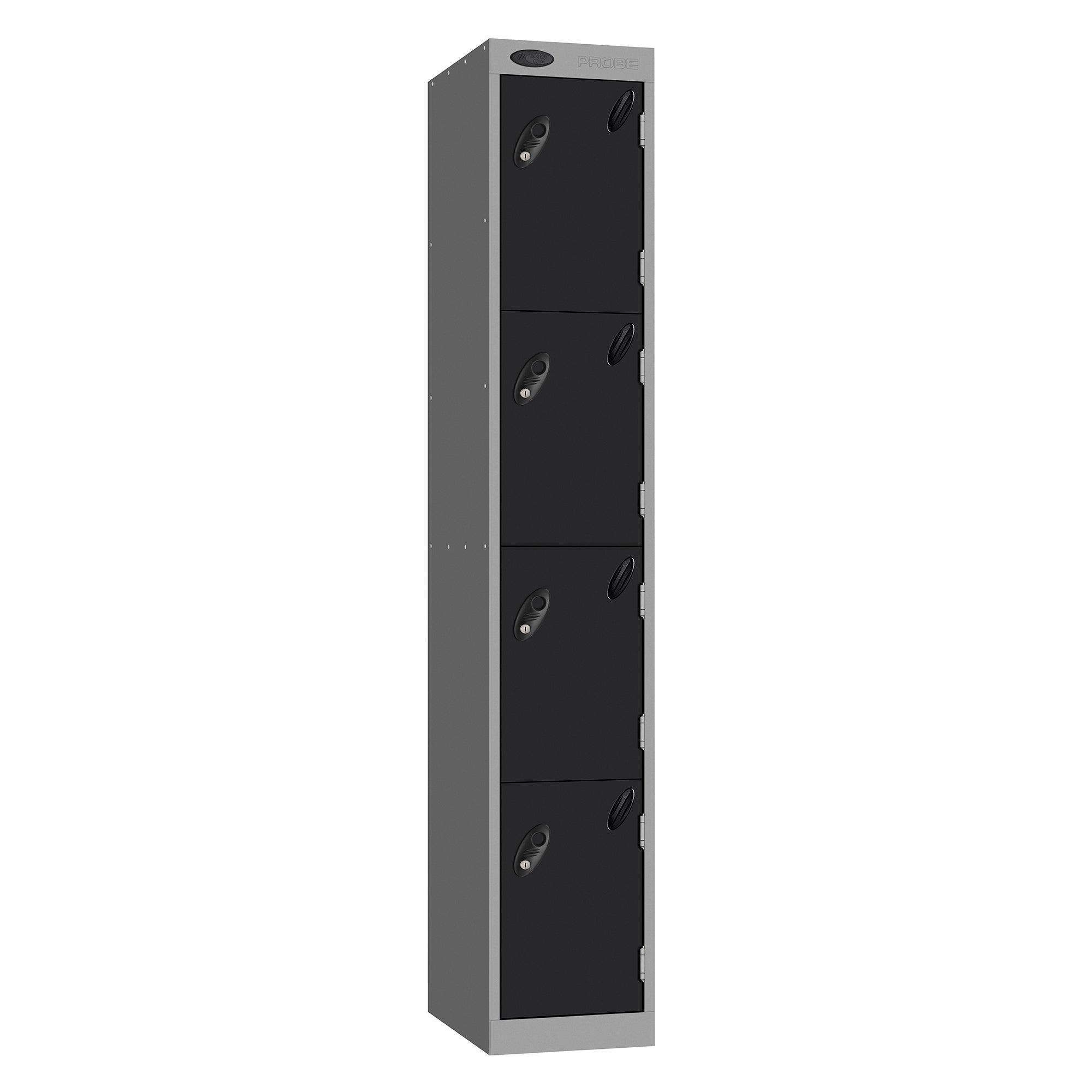 Probe Vision Panel Metric Locker — 4 Door, Sloping Top, 300mm — Silver carcass with Black door