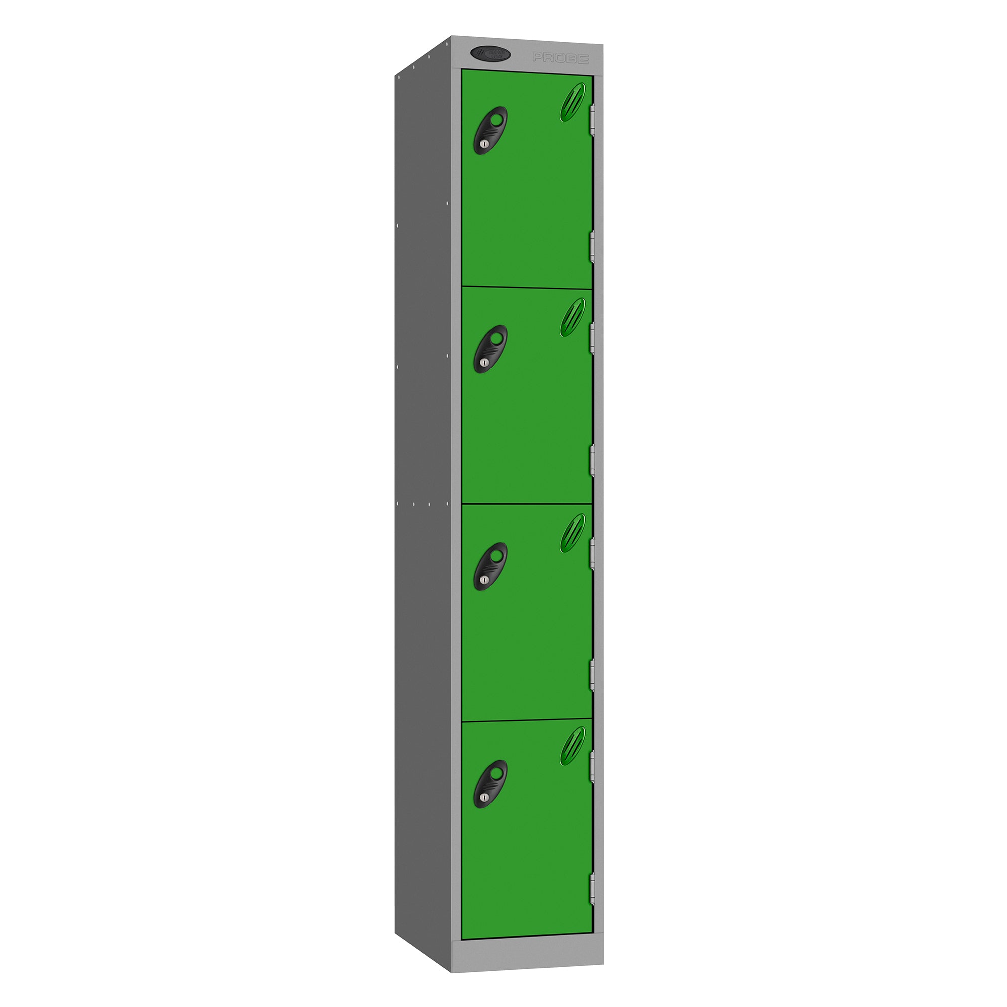 Probe Vision Panel Metric Locker — 4 Door, Sloping Top, 300mm — Silver carcass with Green door