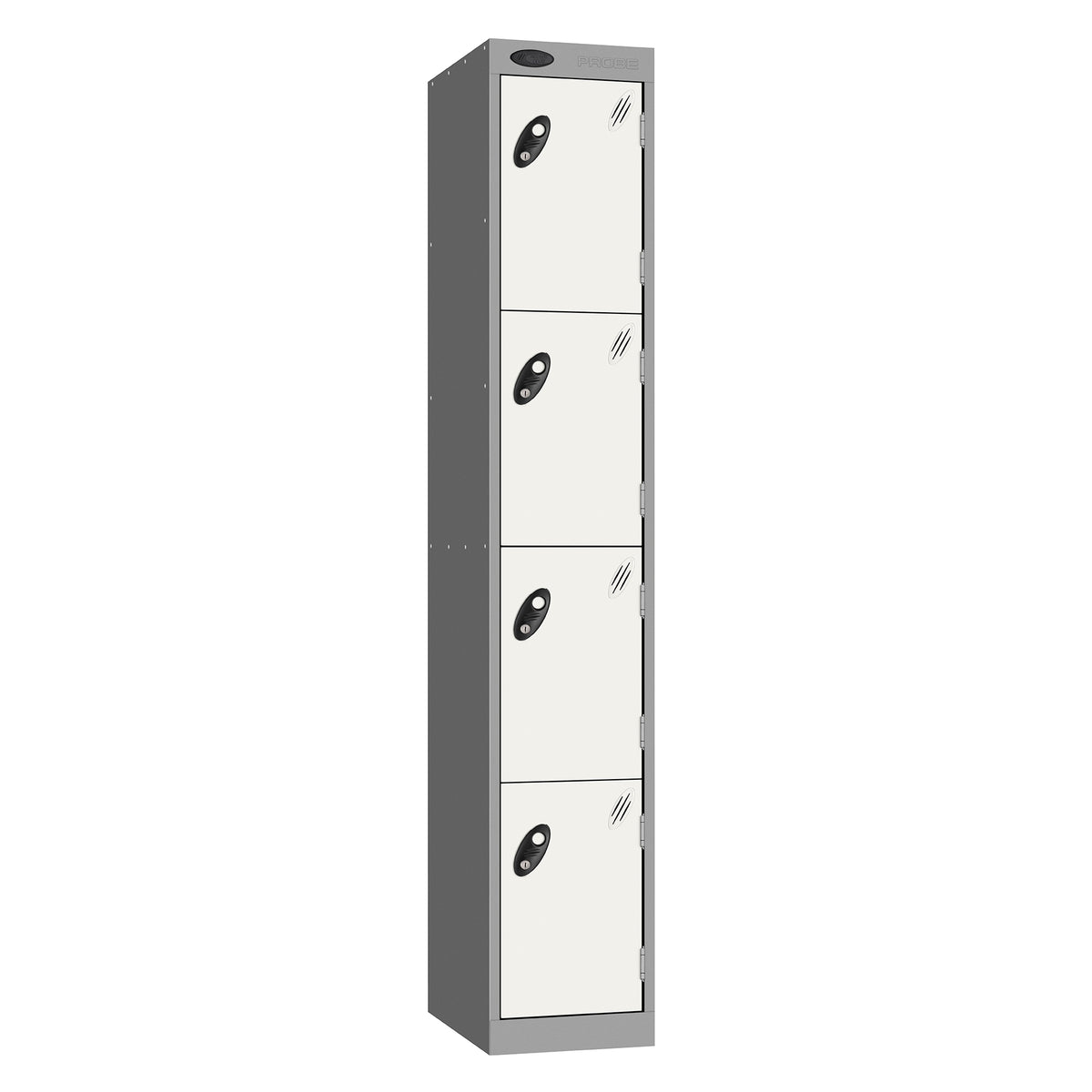 Probe Perforated Metric Locker — 4 Door, Sloping Top, Triple Width — Silver carcass with White door