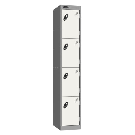 Probe Perforated Metric Locker — 4 Door, Sloping Top, Triple Width — Silver carcass with White door
