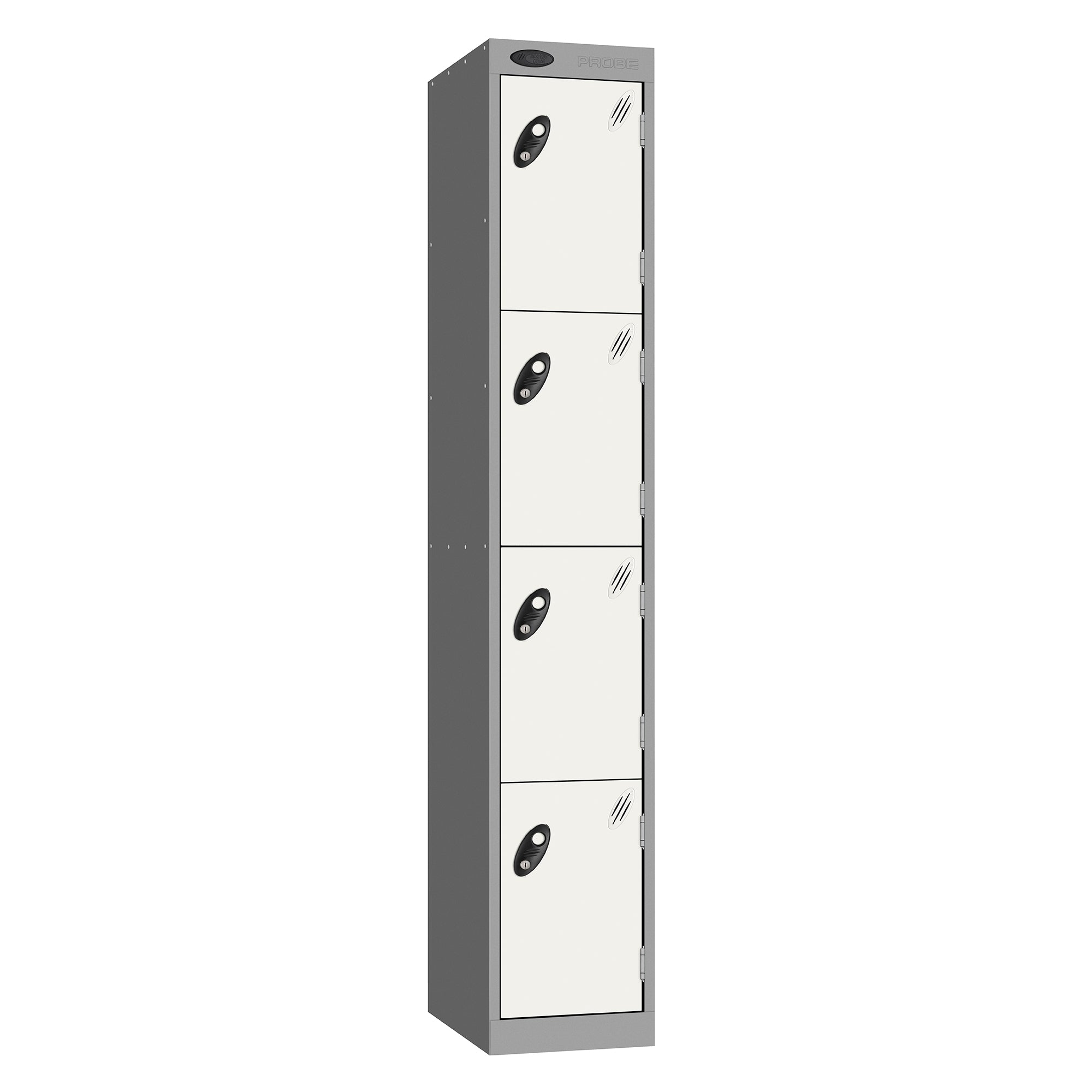 Probe Vision Panel Metric Locker — 4 Door, Sloping Top, 300mm — Silver carcass with White door