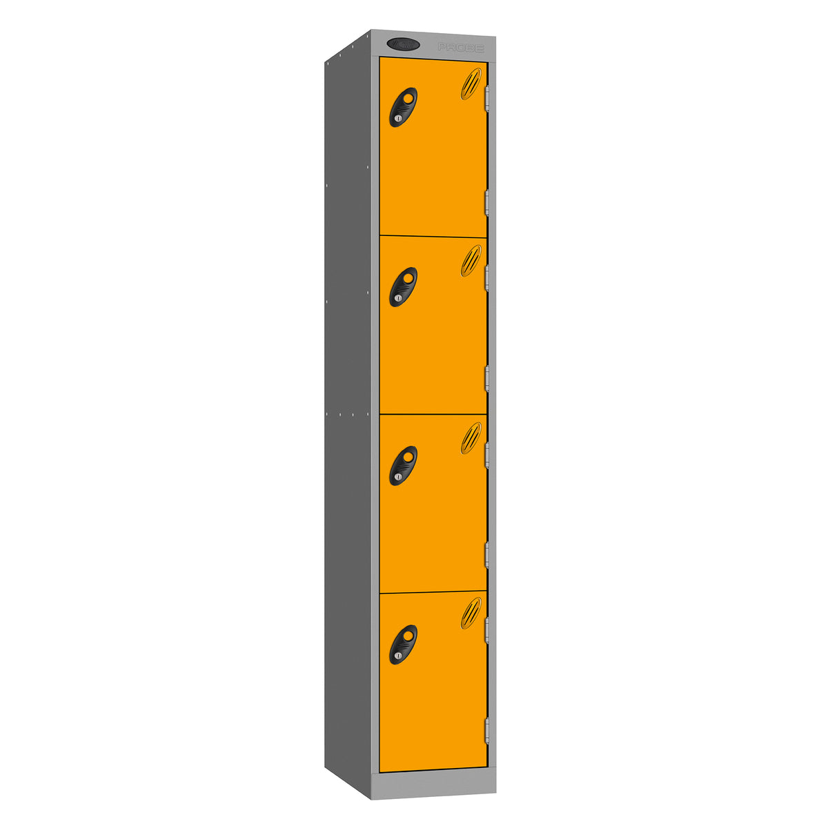 Probe Perforated Metric Locker — 4 Door, Sloping Top, Triple Width — Silver carcass with Yellow door