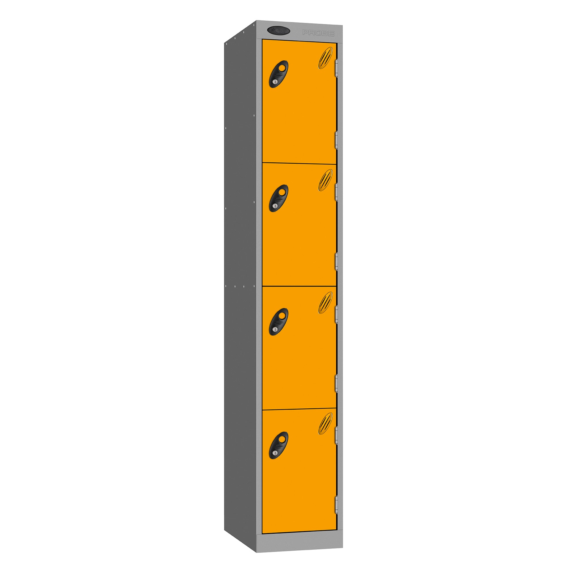 Probe Vision Panel Metric Locker — 4 Door, Flat Top, 300mm — Silver carcass with Yellow door