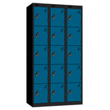 Probe Perforated Metric Locker — 5 Door, Sloping Top, Triple Width — Black carcass with Blue door