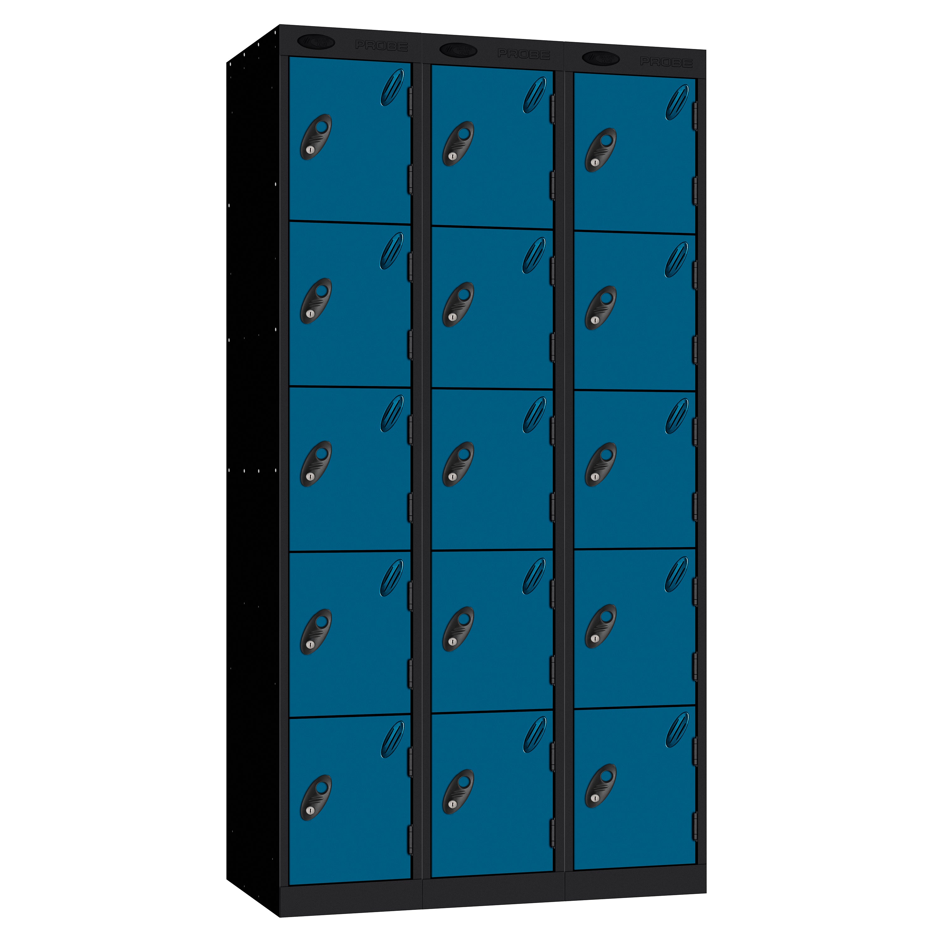 Probe Perforated Metric Locker — 5 Door, Sloping Top, Triple Width — Black carcass with Blue door
