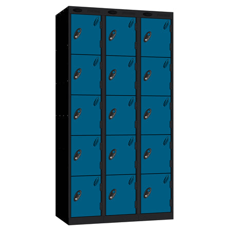 Probe Perforated Metric Locker — 5 Door, Sloping Top, Triple Width — Black carcass with Blue door
