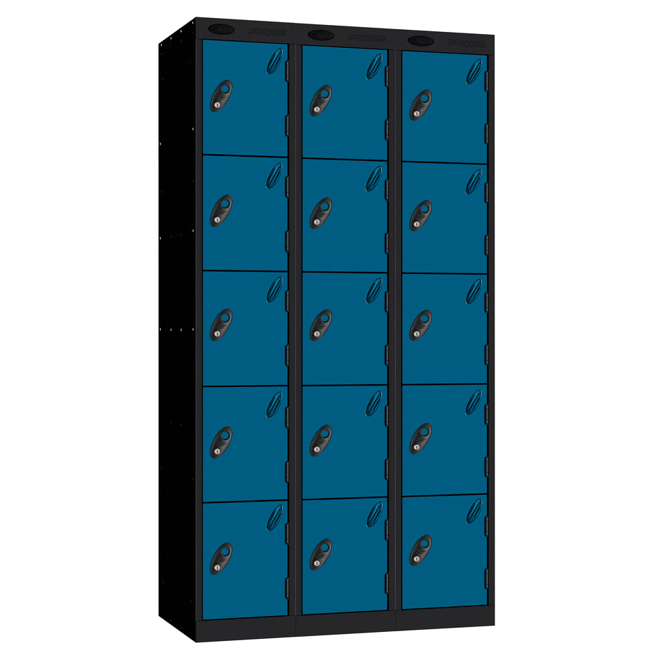 Probe Perforated Metric Locker — 5 Door, Sloping Top, Triple Width — Black carcass with Blue door