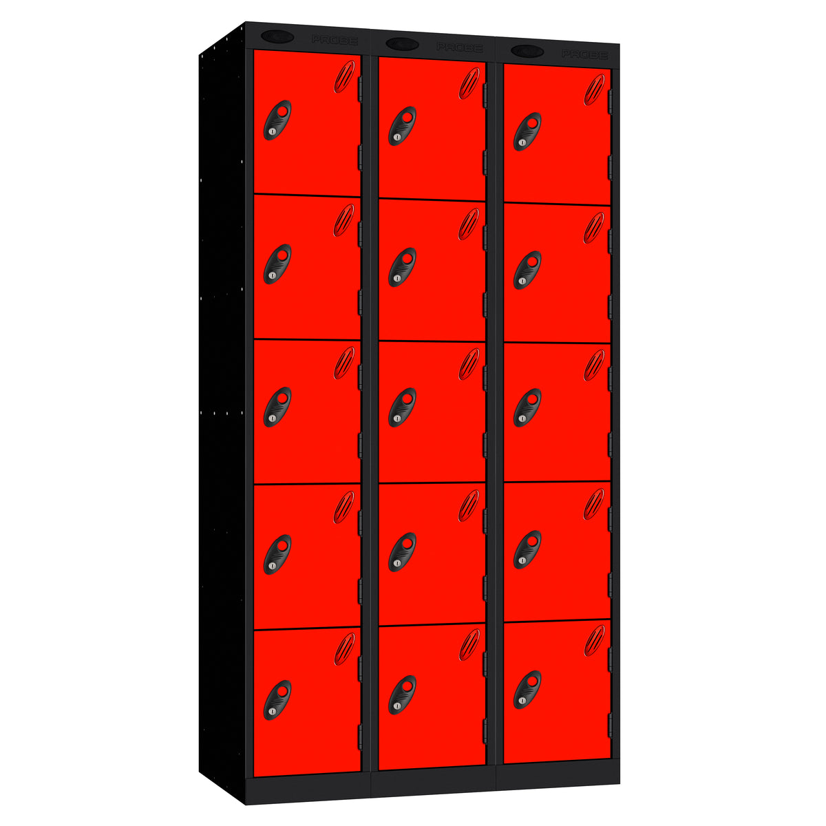 Probe Perforated Metric Locker — 5 Door, Sloping Top, Triple Width — Black carcass with Red door