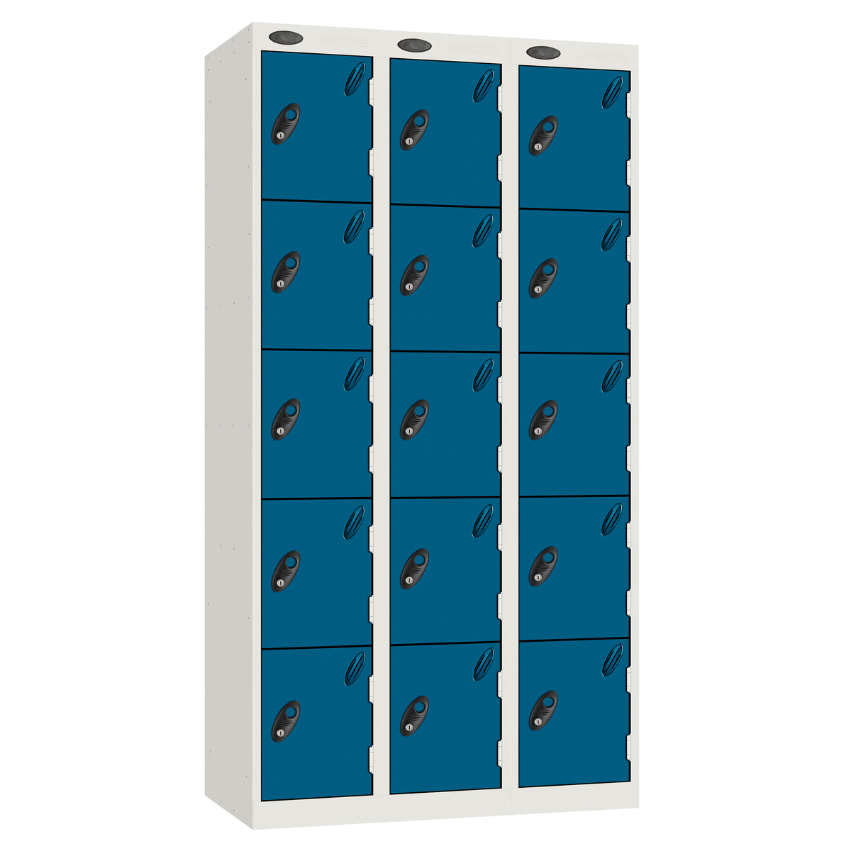 Probe Perforated Metric Locker — 5 Door, Sloping Top, Triple Width — White carcass with Blue door