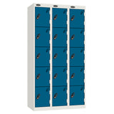 Probe Perforated Metric Locker — 5 Door, Sloping Top, Triple Width — White carcass with Blue door
