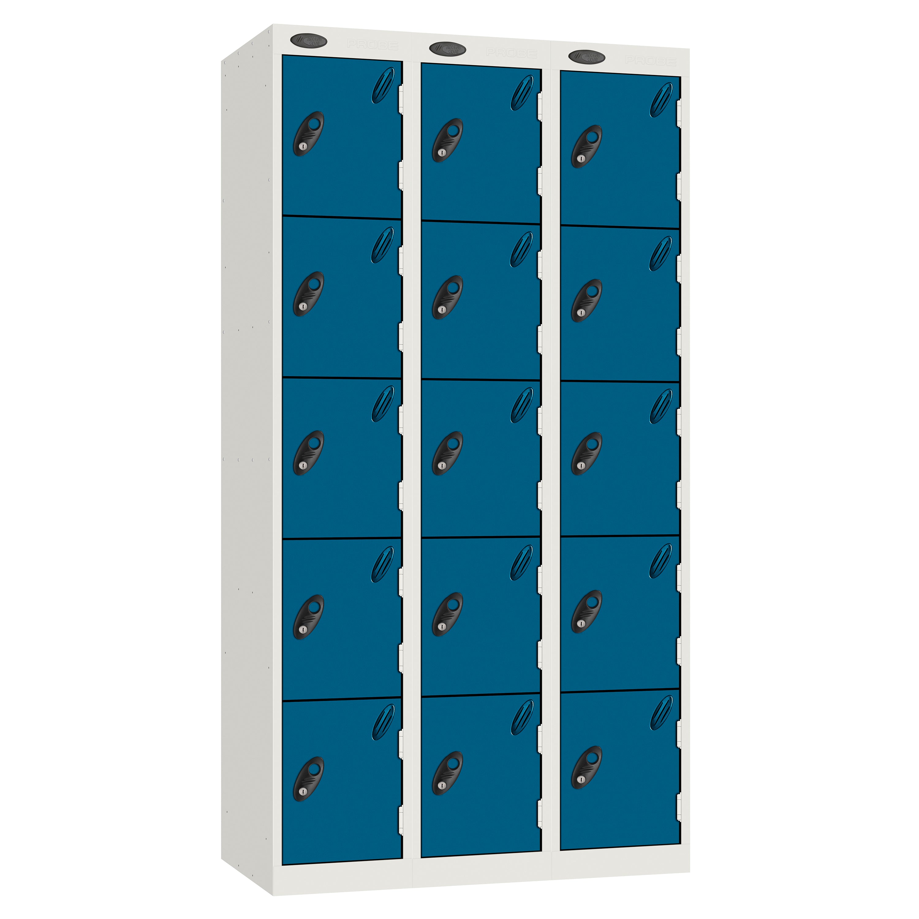 Probe Perforated Metric Locker — 5 Door, Sloping Top, Triple Width — White carcass with Blue door