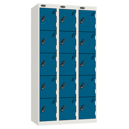 Probe Perforated Metric Locker — 5 Door, Sloping Top, Triple Width — White carcass with Blue door