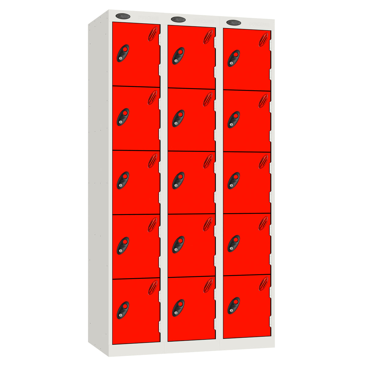 Probe Perforated Metric Locker — 5 Door, Sloping Top, Triple Width — White carcass with Red door