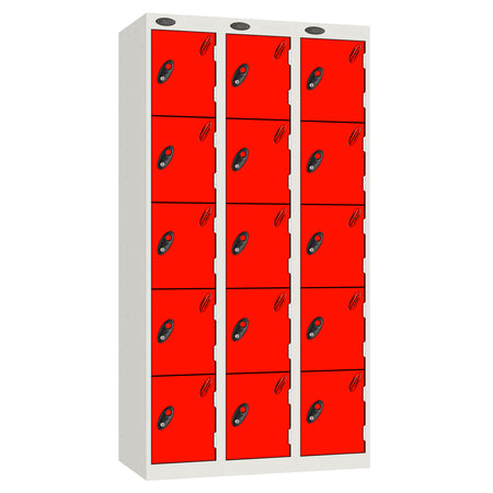 Probe Perforated Metric Locker — 5 Door, Sloping Top, Triple Width — White carcass with Red door