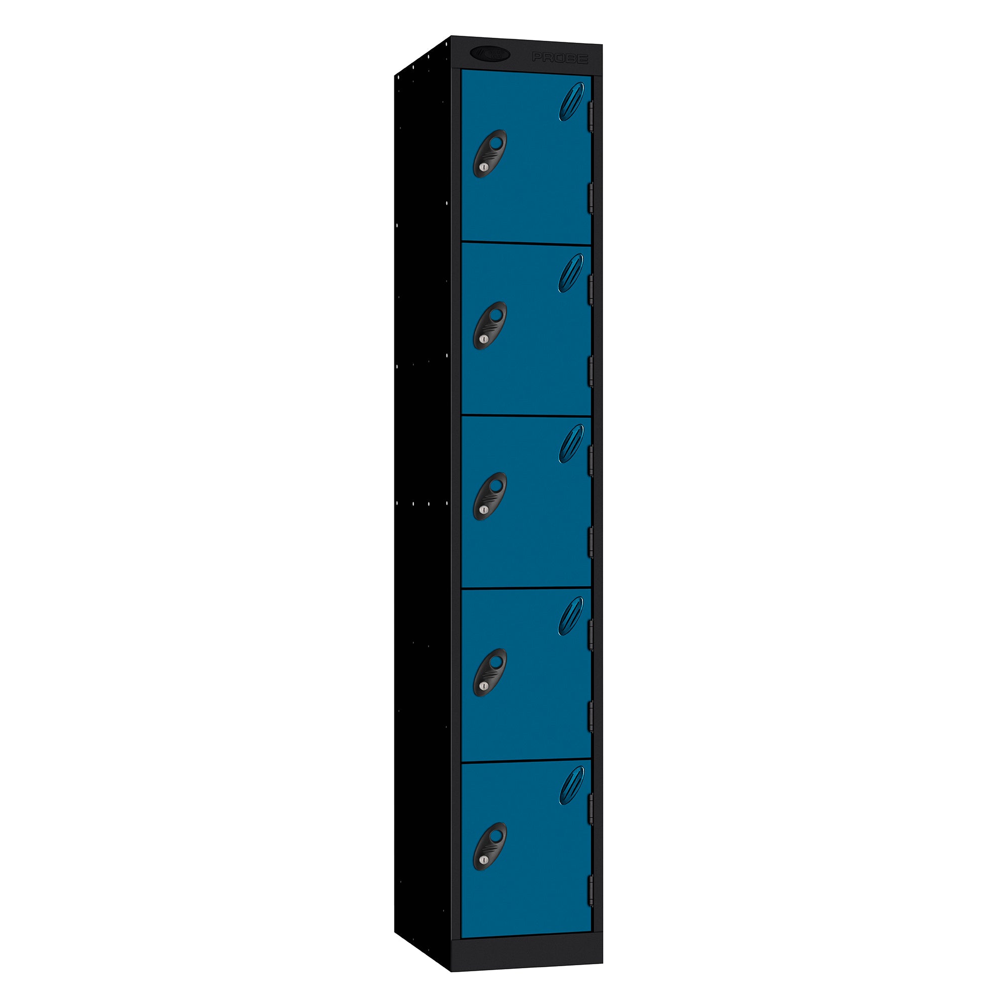 Probe Standard Metric Locker — 5 Door, Sloping Top, Triple Width — Black Carcass / Blue Doors