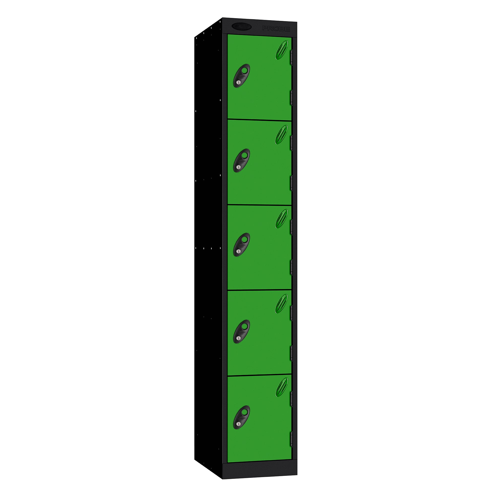 Probe Standard Metric Locker — 5 Door, Sloping Top, Triple Width — Black Carcass / Green Doors