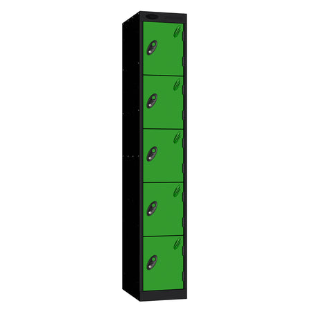 Probe Standard Metric Locker — 5 Door, Sloping Top, Triple Width — Black Carcass / Green Doors
