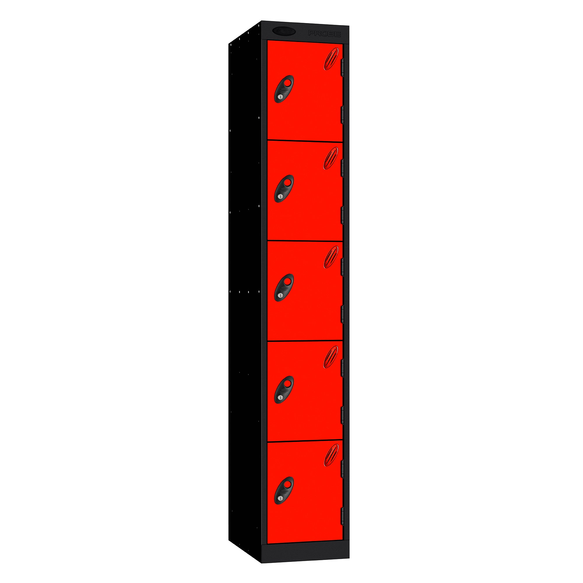 Probe Standard Metric Locker — 5 Door, Sloping Top, Triple Width — Black Carcass / Red Doors